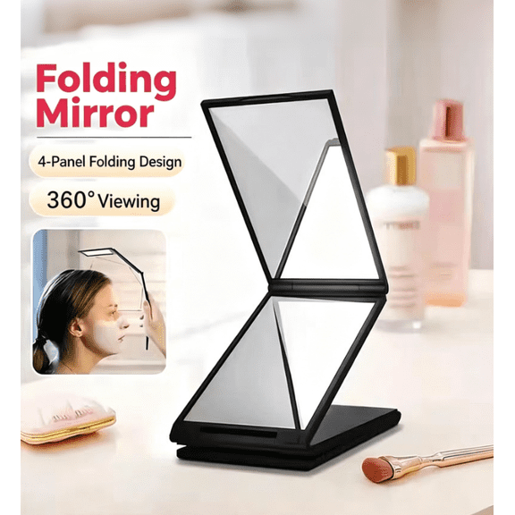 4-Panel Folding Mirror, 360 Adjustable Portable Makeup Mirror for Travel, Self Haircut & Full Body Viewing, Compact Tabletop Mirror for Dorm Camping Office (Black)