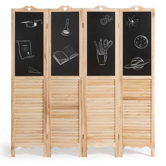 4 Panel Folding Privacy Room Divider Screen with Writable Chalkboard Panels, Natural Paulownia Wood Louver Design, Foldable Hinged Partition for Living Room Bedroom Office Restaurant Home Decor