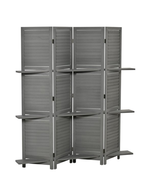 4Panel Folding Room Divider 67.00 H Inch Freestanding Paulownia Wood Privacy Screen with Open Storage Shelves, Gray Finish