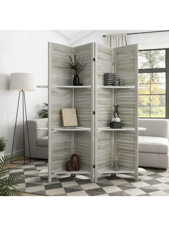 4Panel Folding Room Divider 67 H Inch, Distressed White Paulownia Wood Louvered Partition with 3 Removable Display Shelves