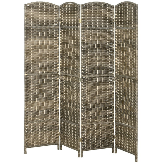 4-Panel Folding Room Divider, Dark Rustic Oak Weave Pattern Arch Top Privacy Screen with Pine Wood Frame, No Assembly Required for Home Decor