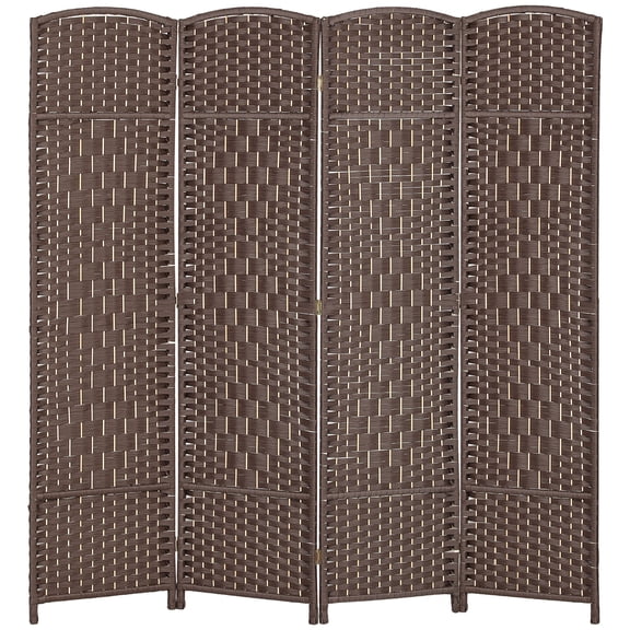 4 Panel Folding Room Divider Screen, 6 ft Tall Freestanding Privacy Screen, Arched Pine Wood Frame Partition for Home Office, Brown