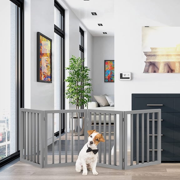 4-Panel Freestanding Folding Pet Gate for Doorways Stairs - Gray MDF Wood Indoor Dog Fence