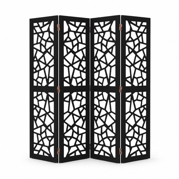 4 Panel Freestanding Room Divider, 70" H Indoor Partition Screen, Non-Woven Fabric Privacy Wall, Hinged Space Separator with Modern Abstract Pattern, Black