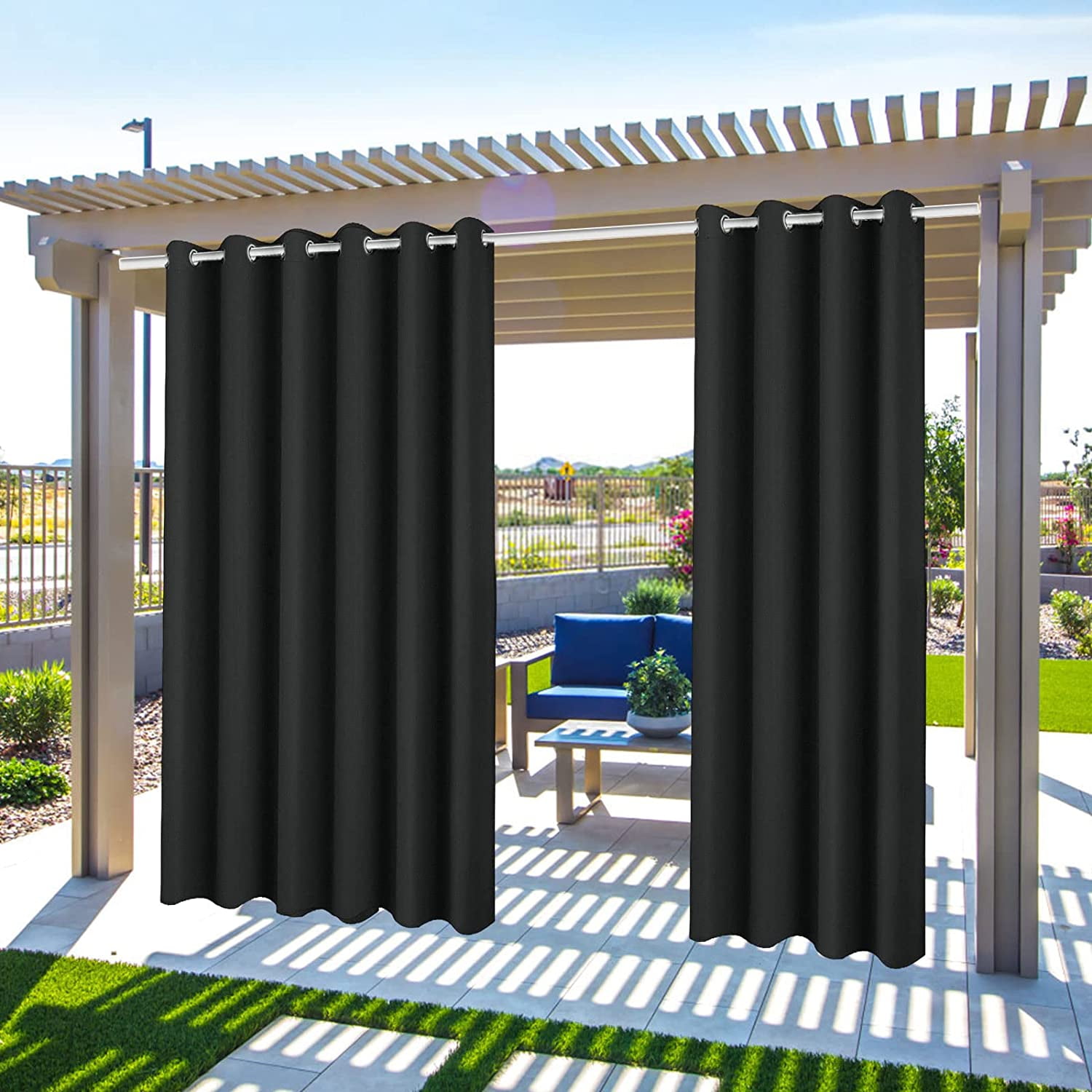 (4 Panel) Gazebo Patio Outdoor Curtains -Waterproof Garden Blackout Thermal Insulated Sun Shades Grommet Privacy Curtain for Pergola Porch, Black, W52 x L108 in