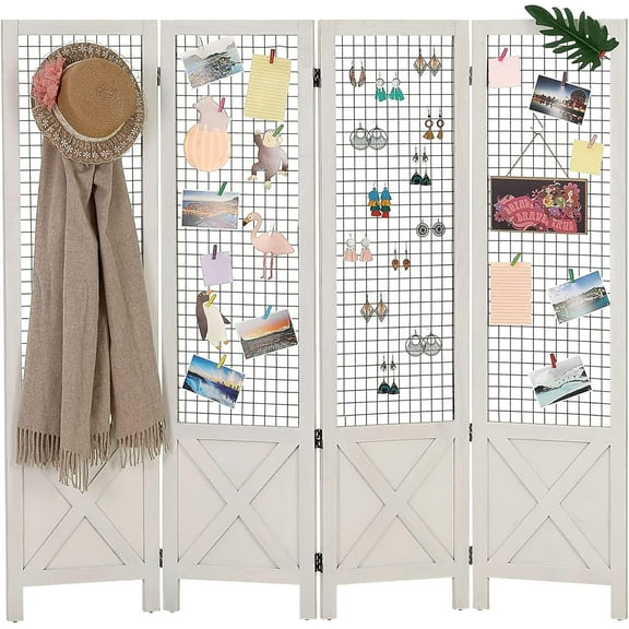 4 Panel Gridwall Display, Portable Freestanding Display Board for Craft/Art Shows, Retail, Events, Decorative Wood Room Divider Folding Screens, White