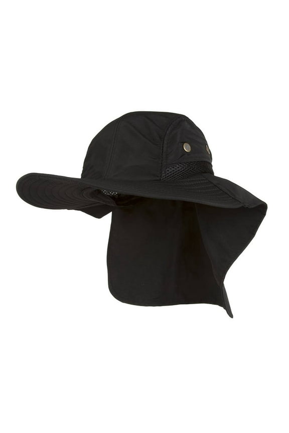 4 Panel Large Bill Flap Sun Hat - Black