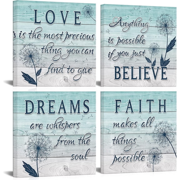 4 Panel Motivational Quote Canvas Wall Art Teal Blue Dandelion Picture Wooden Texture Poster Print on Canvas Modern Home Kitchen Bedroom Bathroom Wall Decor Framed Ready to Hang9