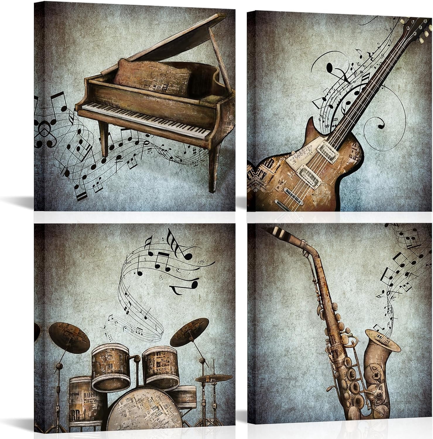 4 Panel Music Canvas Wall Art Vintage Piano Guitar Drum Set Saxophone Pictures Stretched Canvas Framed Art Abstract Music Notes Posters Artwork for Modern Home Bedroom Living Room Decor