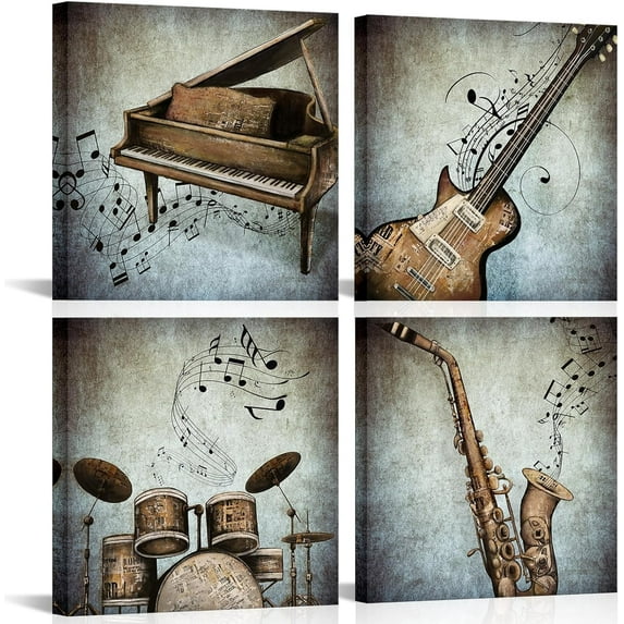 4 Panel Music Canvas Wall Art Vintage Piano Guitar Drum Set Saxophone Pictures Stretched Canvas Framed Art Abstract Music Notes Posters Artwork for Modern Home Bedroom Living Room Decor