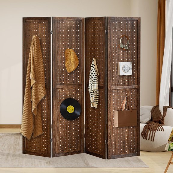 4 Panel Pegboard Display with 16 Hooks, Wooden Room Divider Wall and Folding Privacy Screens, Partition Room dividers, Pegboard Room Divider, Jewelry Store, Bedroom, Balcony, Dark Brown