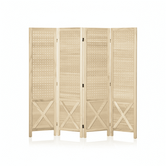 4 Panel Pegboard Display Room Divider - 4.7' Tall Wood Indoor Portable Folding Privacy Screen for Room Separation, Natural