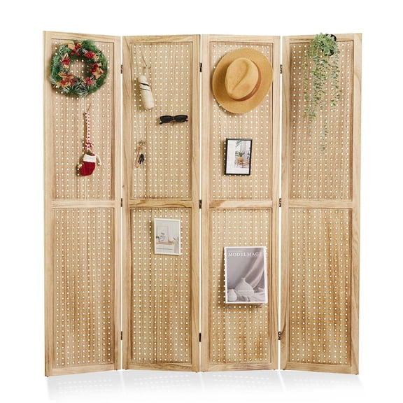4 Panel Pegboard Room Divider Folding Privacy Screen, Peg Board Display Stand Partition Wall for Home Office Bedroom No Assembly Required