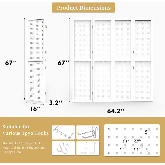 4 Panel Pegboard Room Divider for Privacy and Storage | White