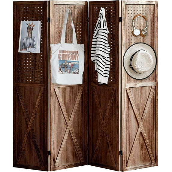 4 Panel Pegboard Wood Room Divider, 5.6Ft Pegboard Display Folding Privacy Screens, Peg Board Display Freestanding for Trade Show Craft Show Home Wall Organizer, Retro Brown