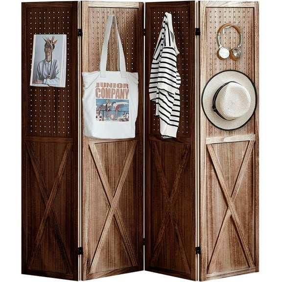 4 Panel Pegboard Wood Room Divider, 5.6Ft Pegboard Display Folding Privacy Screens, Peg Board Display Freestanding for Trade Show Craft Show Home Wall Organizer, Retro Brown