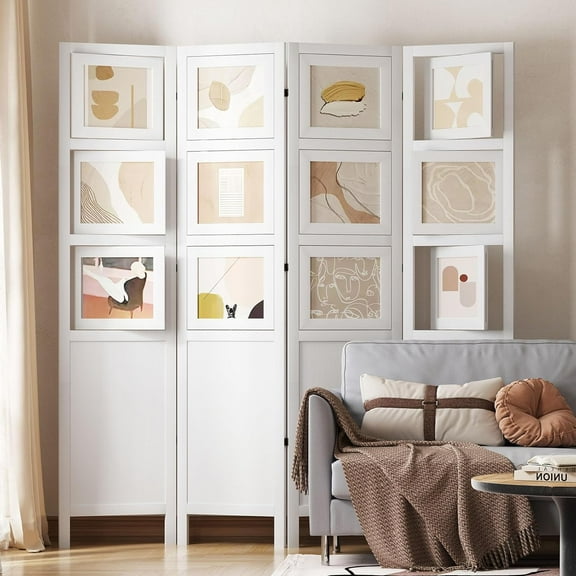 4 Panel Photo Room Divider Freestanding Folding Privacy Screen and Decorative with 16 Frames for Home Office (White)
