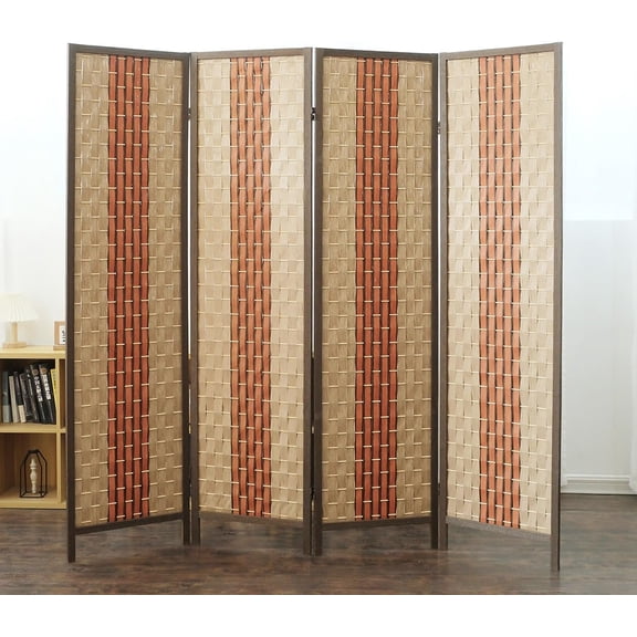 4 Panel Rattan Room Divider, 5.9 ft Tall Double-Sided Blackout Folding Screen for Room Separation, with Beige and Orange Panels for & Office (70.9" H x 70.9" W)