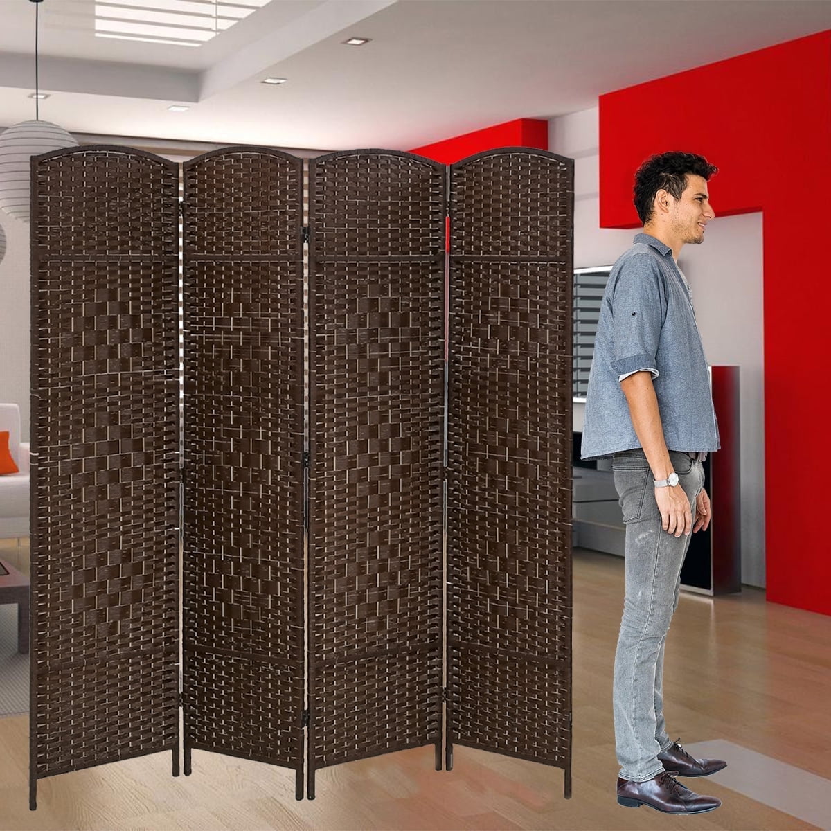 4-Panel Rattan Room Divider, Freestanding Folding Privacy Screen for Indoor Use,  Brown