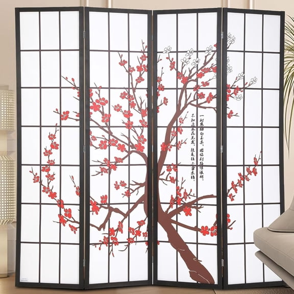 4 Panel Room Divider 6FT Folding Privacy Screen, Oriental Shoji Screen for Room Separation, Portable Freestanding Japanese Wall Partition with Plum Blossom Design, White
