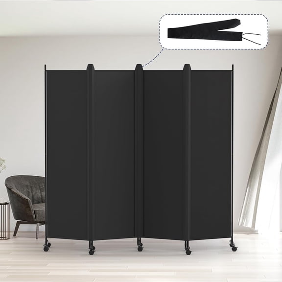 4 Panel Room Divider, 6FT Tall Rolling Privacy Screen with Lockable Wheels, Folding Wall Dividers Portable Room Divider for Room Separation, Included - Cover Strips, Black, 88''W x 70''H