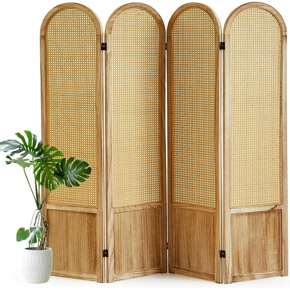 4 Panel Room Divider and Folding Privacy Screen, 5.6 Ft Foldable Double Hinged Rattan Partition, Hand-Woven Rattan Room Divider Portable Wood Freestanding Wall Divider for Room Separation - Natural