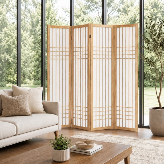 4 Panel Room Divider Folding Privacy Screen Decorative Freestanding Japanese Indoor Partition For Bedroom Home Office Apartment Wood Frame White Panel Space Divider,Light Brown