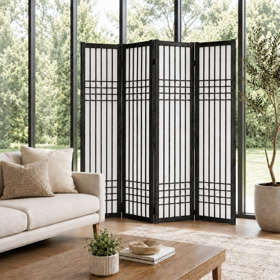 4 Panel Room Divider Folding Privacy Screen Decorative Freestanding Japanese Indoor Partition For Bedroom Home Office Apartment Wood Frame White Panel Space Divider,Black