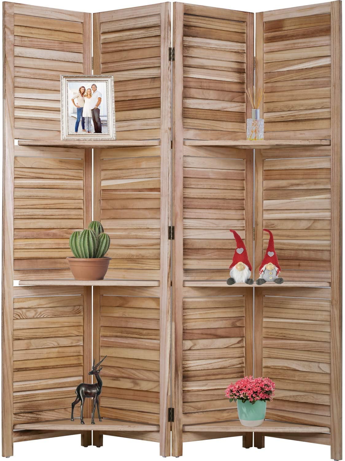 Natural Wood 4-Panel Folding Room Divider with Shelves