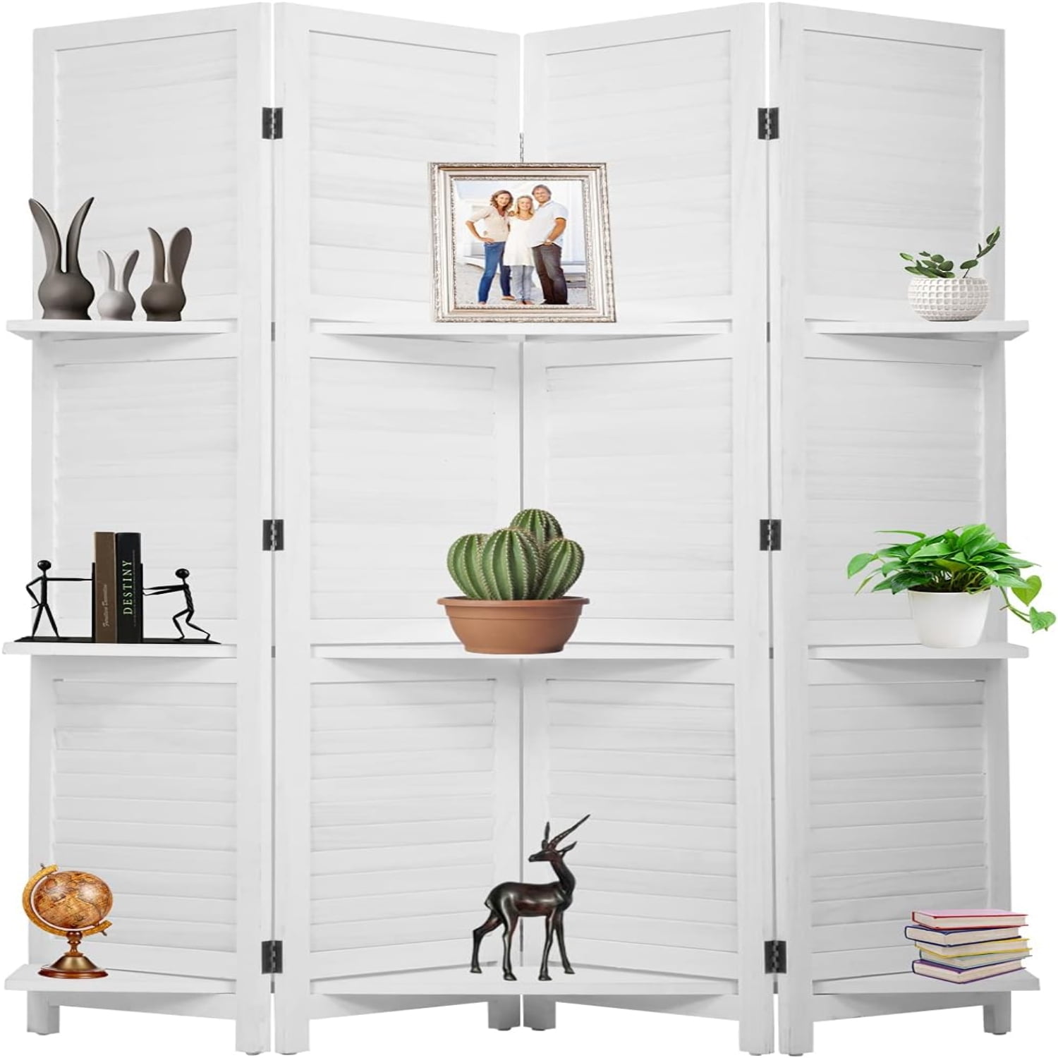 White 4-Panel Folding Wooden Room Divider with Shelves