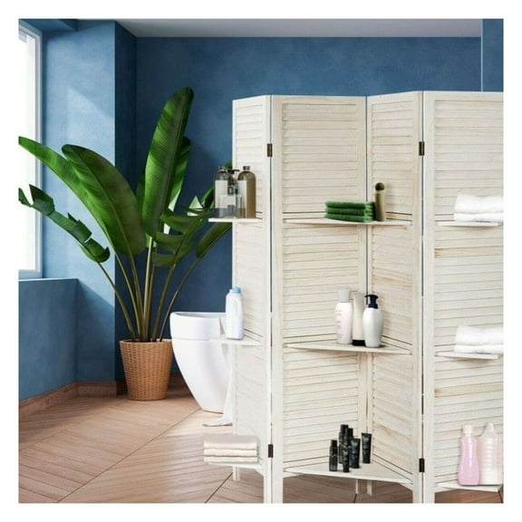 4 Panel Room Divider, Freestanding Folding Screen, Paulownia Wood & Shelves, 67"H, White/Brown