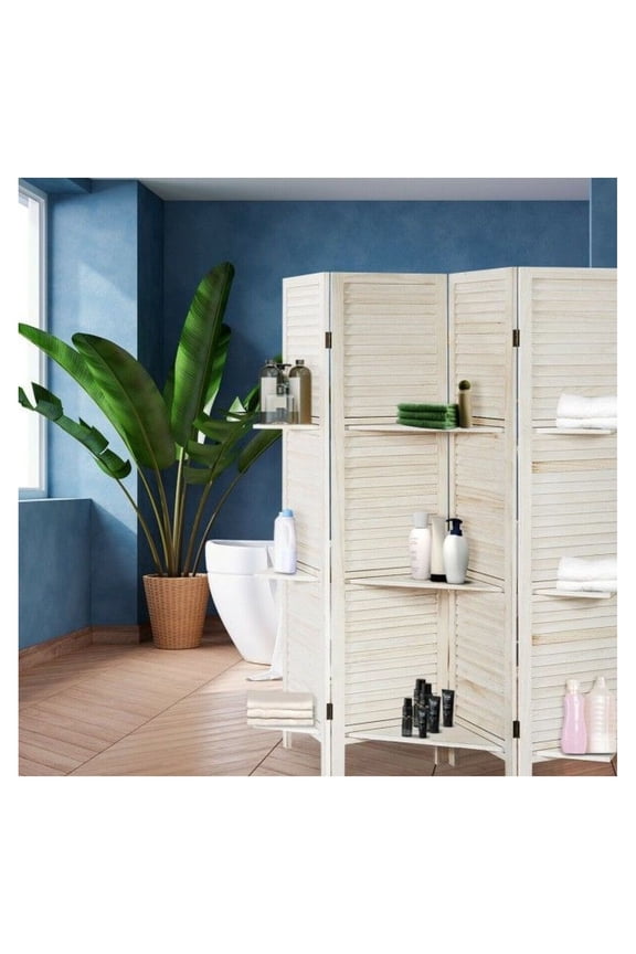 4 Panel Room Divider, Freestanding Folding Screen - Paulownia Wood & Shelves, 67"H - White/Brown