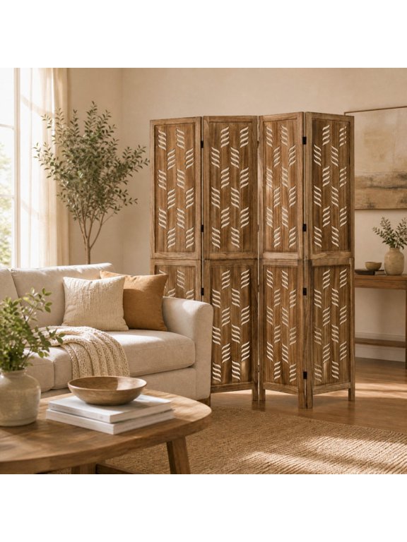 4-Panel Room Divider, Paulownia Wood Frame, Wave Cutout Design, Folding Privacy Screen for Home Office Bedroom