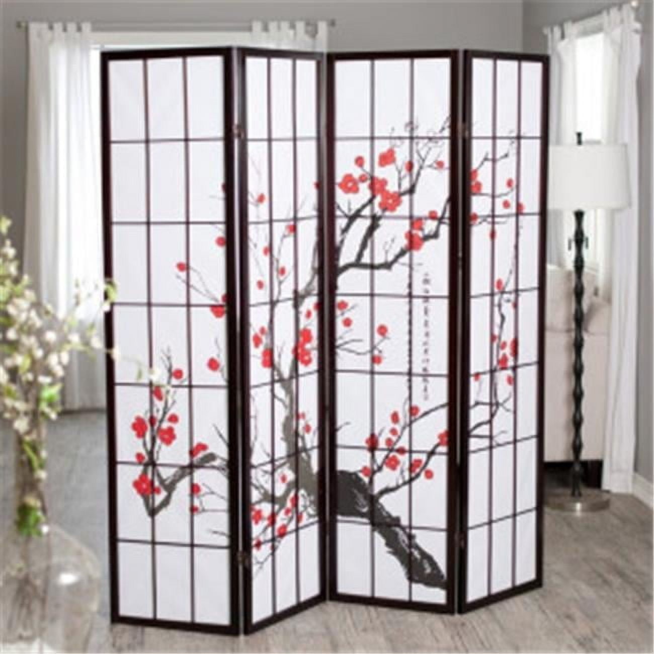 Black 4-Panel Plum Blossom Folding Room Divider