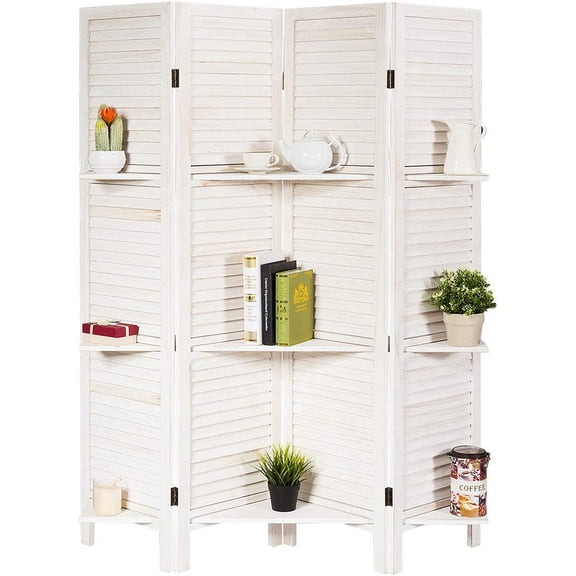 4 Panel Room Divider with Shelve, Folding Privacy Screens, Wood Divider for Room Separation, 5.6 FT Foldable Wall Partition for Home Office Bedroom, White