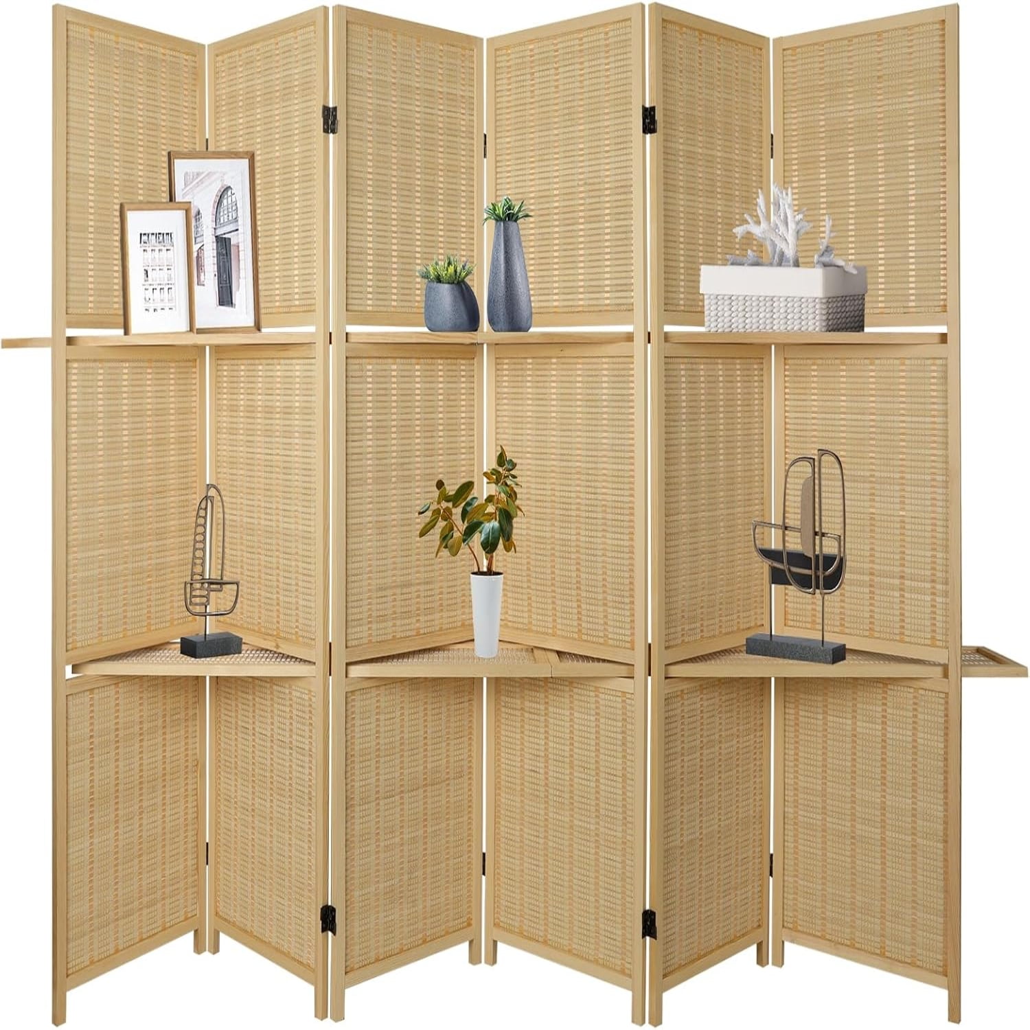 4 Panel Room Divider with Shelves 5.6Ft Tall Folding Privacy Screens