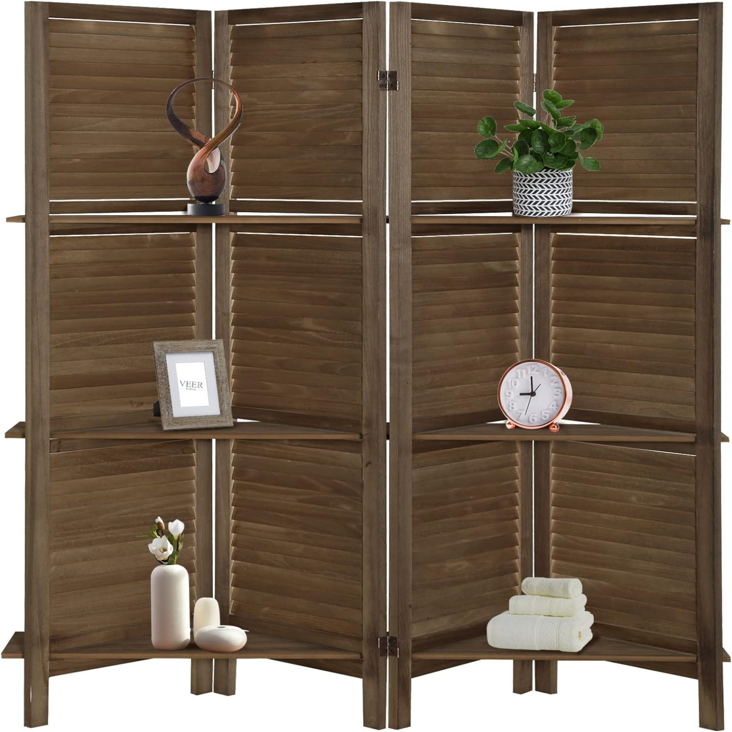 4 Panel Room Divider with Shelves 5.6Ft Tall Folding Privacy Screens