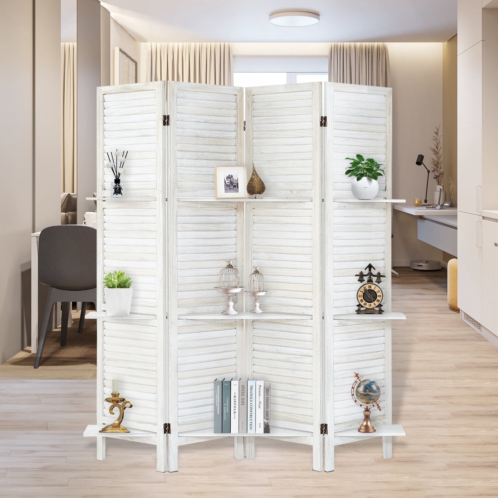 View of 4-Panel Room Divider with Shelves，5.6ft Tall Folding Privacy Screen ...