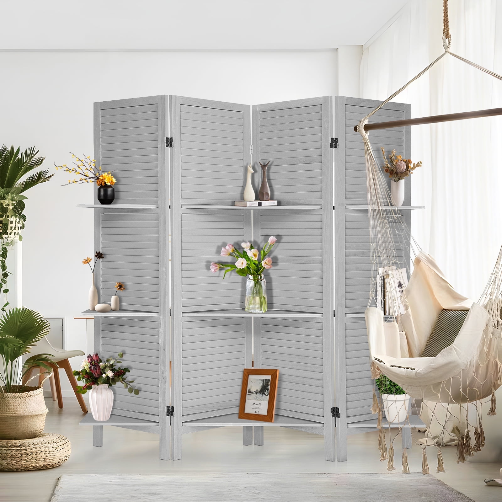 4Panel Room Divider with Shelves,5.6ft Tall Folding Privacy Screen
