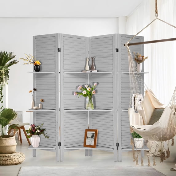 4-Panel Room Divider with Shelves,5.6ft Tall Folding Privacy Screen Panels, Room Divider Wall Divider for Room Separation, Room Divider Shelves,Effectively Block Sight,Grey