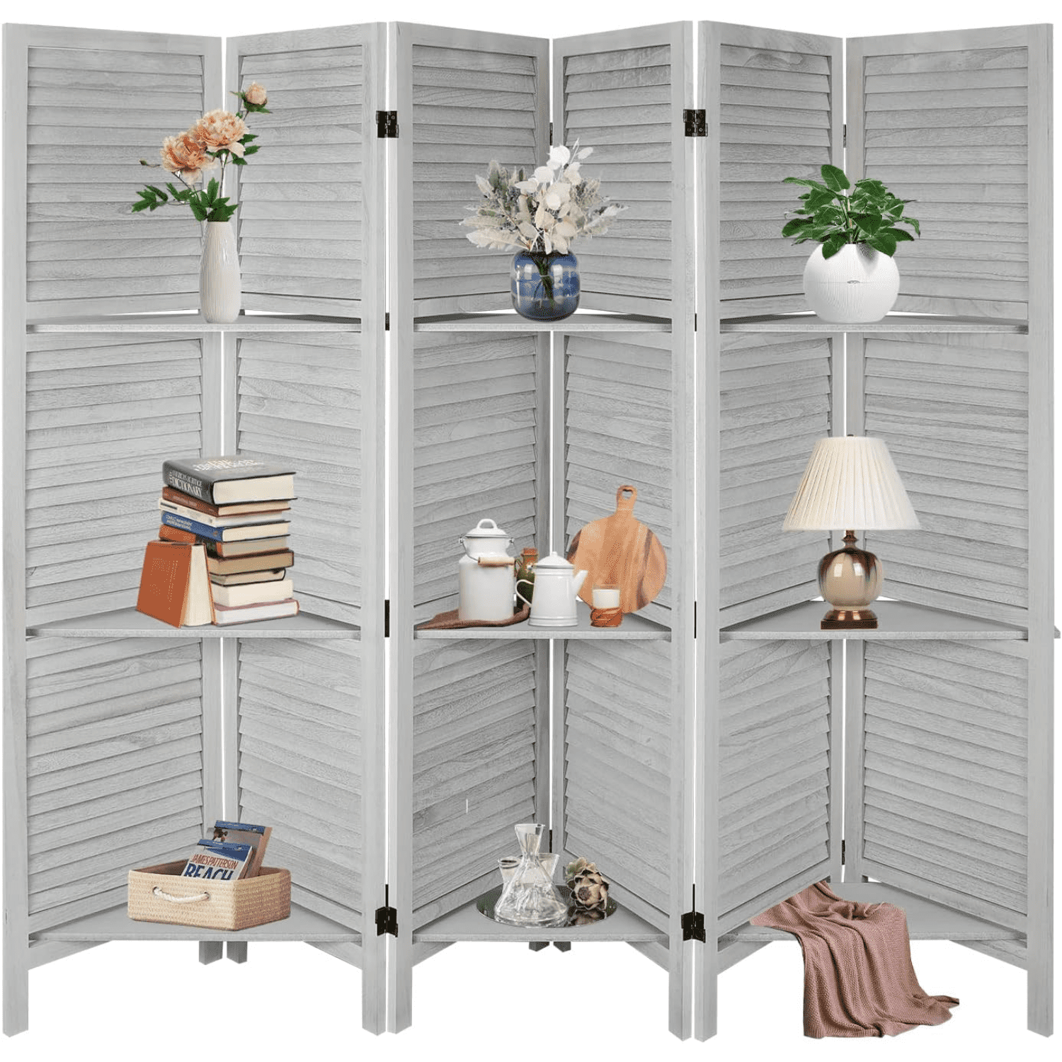 4 Panel Room Divider with Shelves Wood Room Divider Wall Room Dividers
