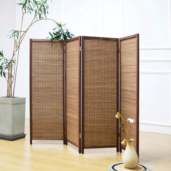 4 Panel Room Divider Short Folding Screen Divider,Double Sided Bamboo Divider Screen for Room Separation,Brown,47.2" H x 61.4" W