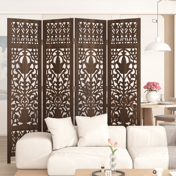 4-Panel Room Divider Wood Screen - 71"×71" Wooden Hand Carved Folding Privacy Screen, Decorative Portable Reversible Functional Freestanding Partition for Home Office Restaurant Bedroom, Dark Brown