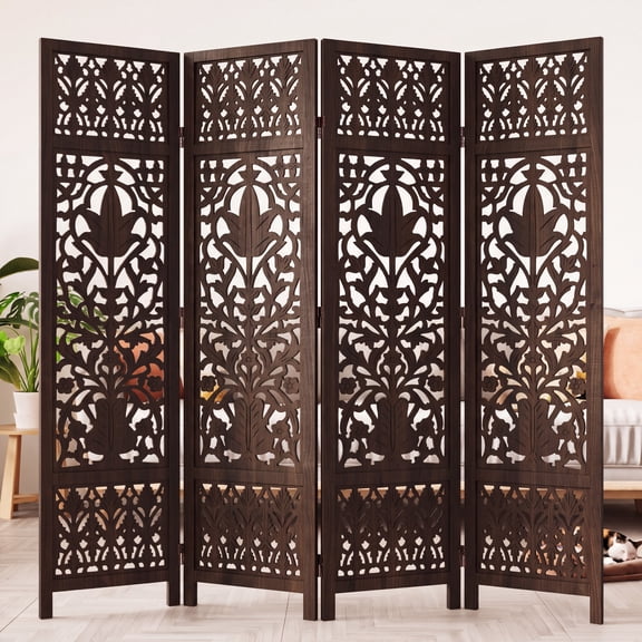 4-Panel Room Divider Wood Screen - 71"×71" Wooden Hand Carved Folding Privacy Screen, Decorative Portable Reversible Functional Freestanding Partition for Home Office Restaurant Bedroom, Dark Brown