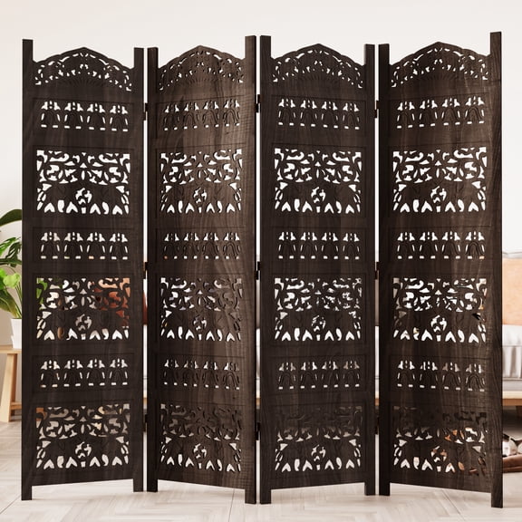 4-Panel Room Divider Wood Screen - 71"(W) × 67"(H) Wooden Hand Carved Elephant Design Folding Privacy Screen, Decorative Portable Freestanding Wall Partition for Home, Bedroom, Office, Dark Brown