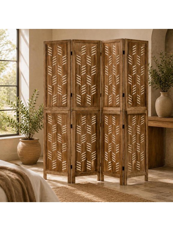 4-Panel Room Divider with Wave Cutout, Paulownia Wood Frame, Folding Privacy Screen