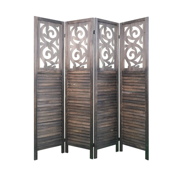 4 Panel Room Dividers, 6FT Carved Wood Room Divider Partition Room Dividers Wall Wooden Carved Folding Privacy Screens Foldable Panel Wall Divider for Office Restaurant, Rustic Brown