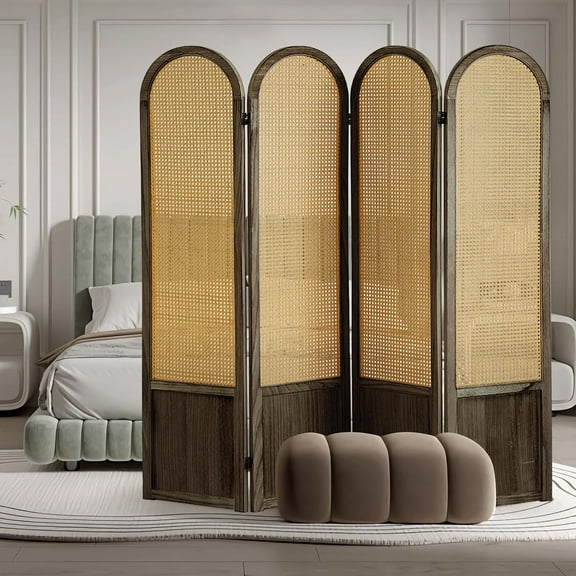 4 Panel Room Dividers and Folding Privacy Screens, Hand-Made Rattan Room Divider with Bi-Directional Hinge, Pre-Assembled Wood Room Divider Wall for Home Office Bedroom, Dark Brown