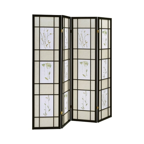 4 Panel Screen with Floral Print Detailing and Wooden Frame, Black