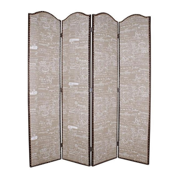 4 Panel Scripted Fabric Wooden Scalloped Room Divider, Beige & Brown - 84 x 2 x 80 in.